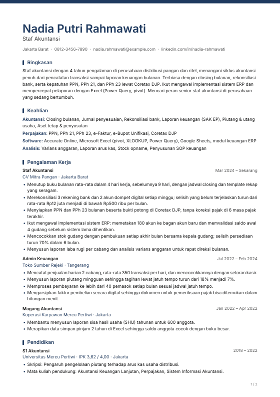 Contoh CV template Aksen atas nama Nadia Putri Rahmawati, Staf Akuntansi
