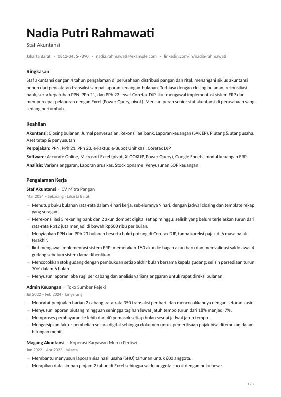 Contoh CV template Modern Minimalis atas nama Nadia Putri Rahmawati, Staf Akuntansi